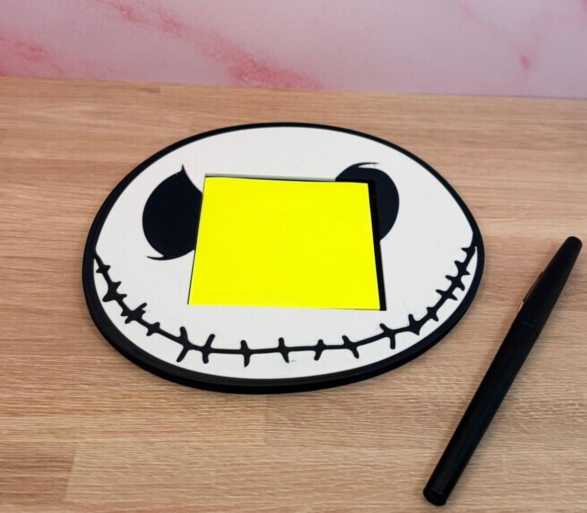 Spooky Skeleton Sticky Note Holder, Halloween Desk Accessory, Stitched Smile, Gothic Office Gift